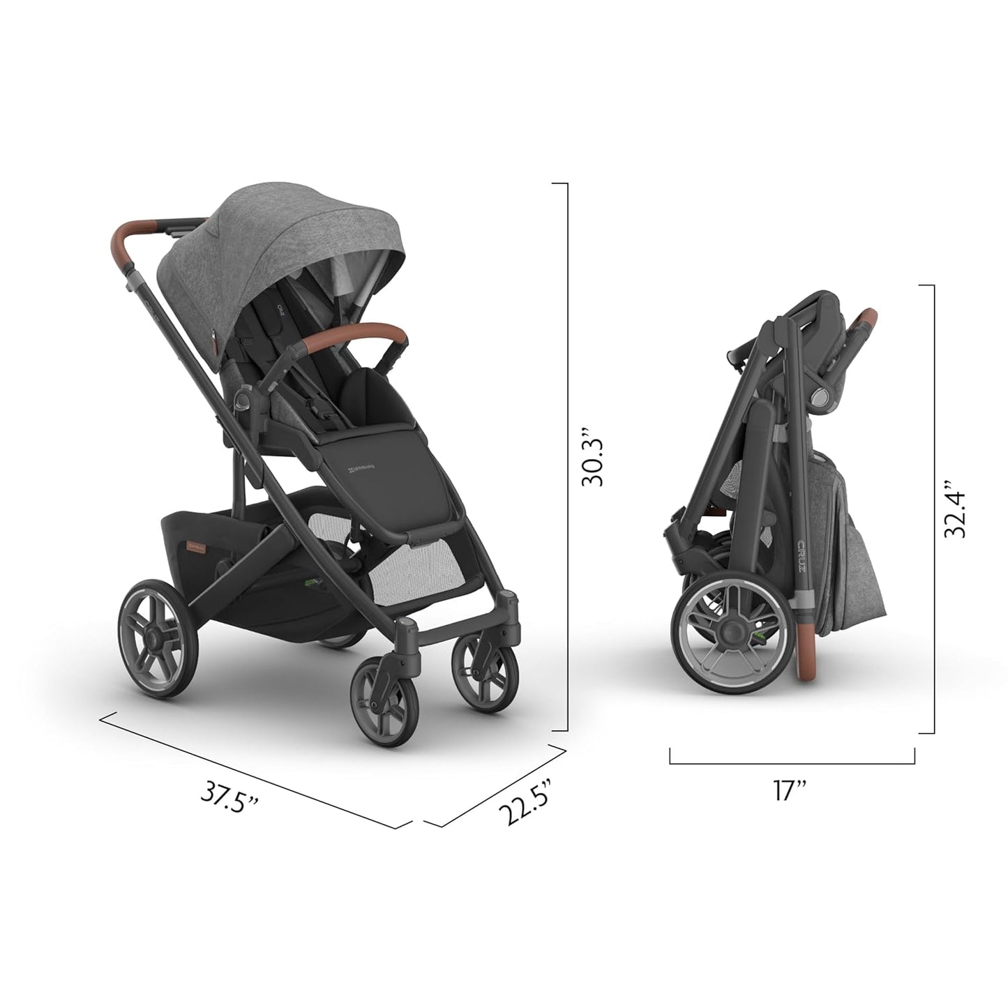 Uppababy Cruz V3 Stroller - from Birth + Car Seat Compatible - Full-Size, Reversible Seat - Infant Insert, Bug and Rain Shields Included - Greyson (Charcoal Mélange/Carbon Frame/Saddle Leather)