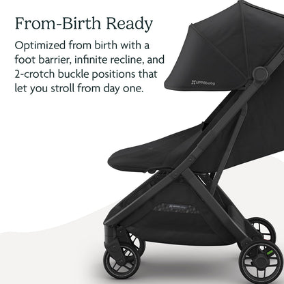 Uppababy Minu V3 Travel Stroller | Lightweight + Compact Design | One-Hand Fold + Unfold | from Birth + Overhead Compatible | Jake (Charcoal/Carbon Frame/Black Leather)