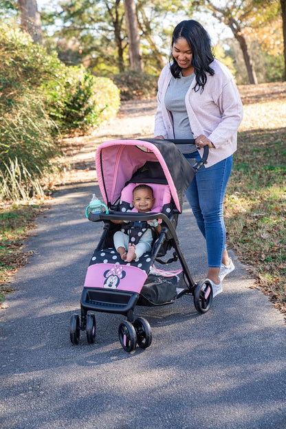 Disney Baby Minnie Mouse Simple Fold LX Travel System, Lift to Fold Compactly in Less than a Second for Easy Storage; Self-Standing When Folded, Minnie Dot Party